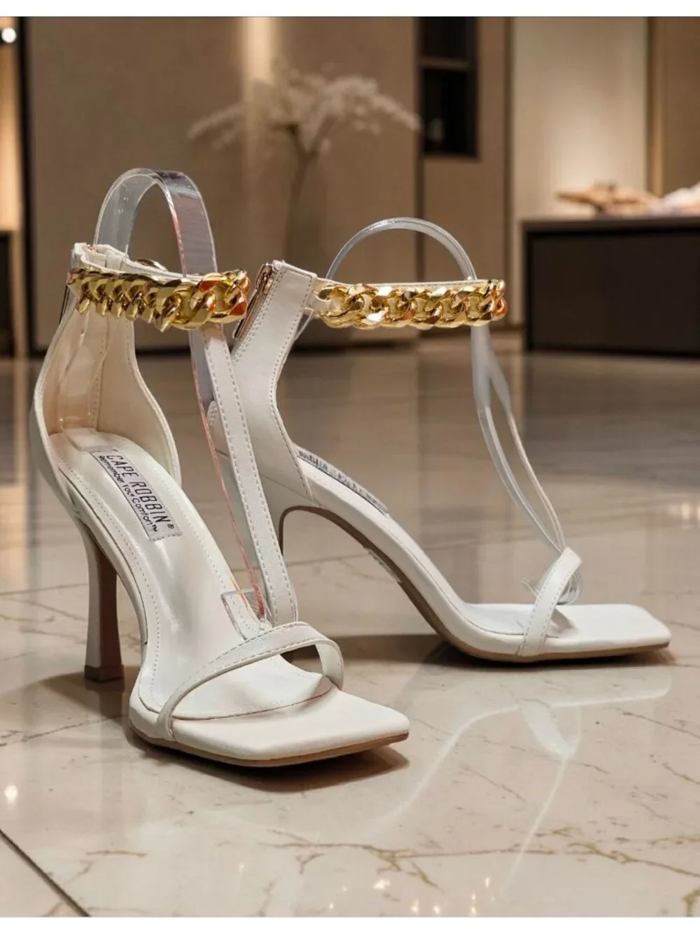 Gold Chain Ankle Strap White High Heel Sandals With Square Toe Stiletto Heel Chi